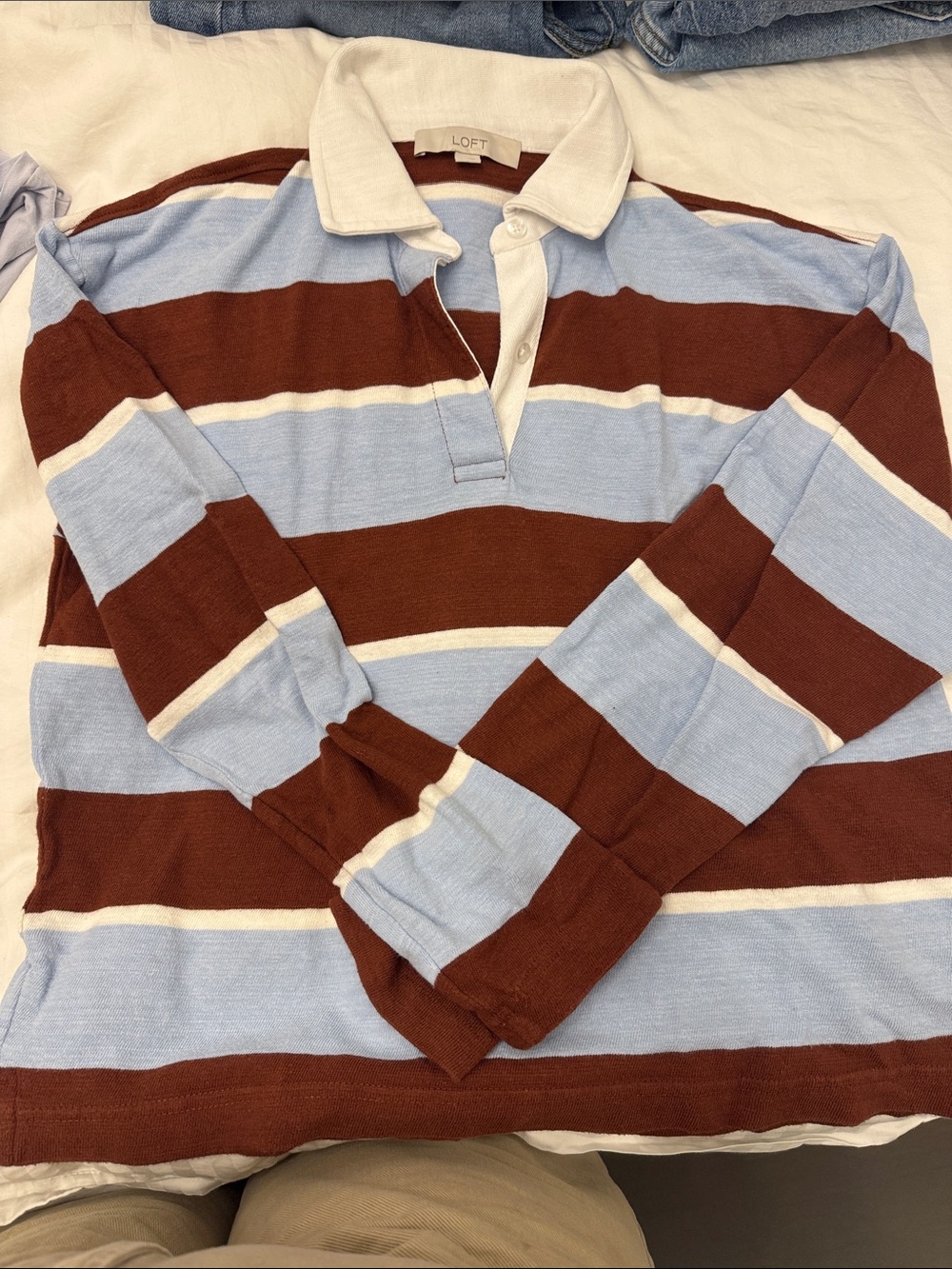 LOFT Rugby Stripe Polo in Light Blue, Brown & Cream